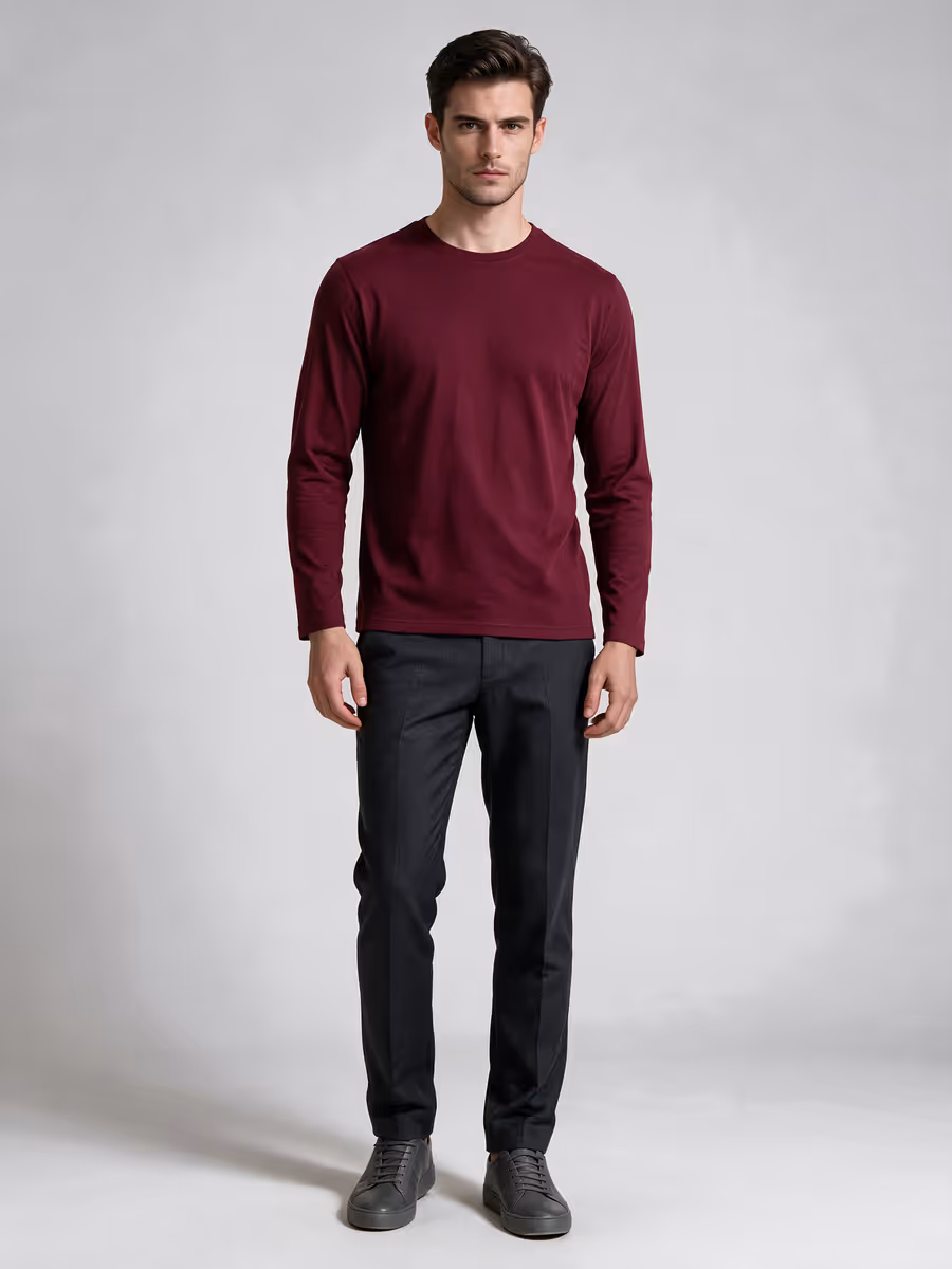 Men's Maroon Full Sleeve Round Neck Plain T-Shirt
