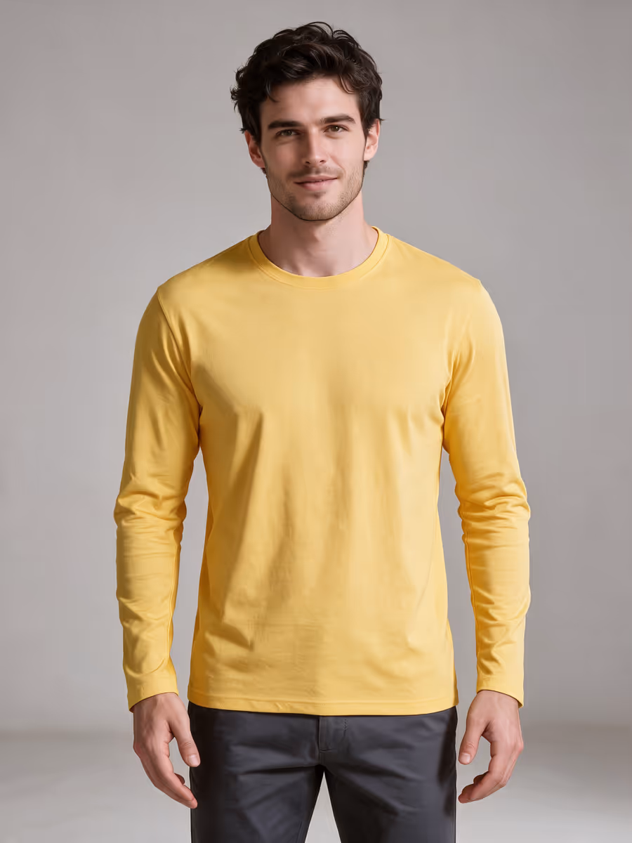 Men's Yellow Full Sleeve Round Neck Plain T-Shirt
