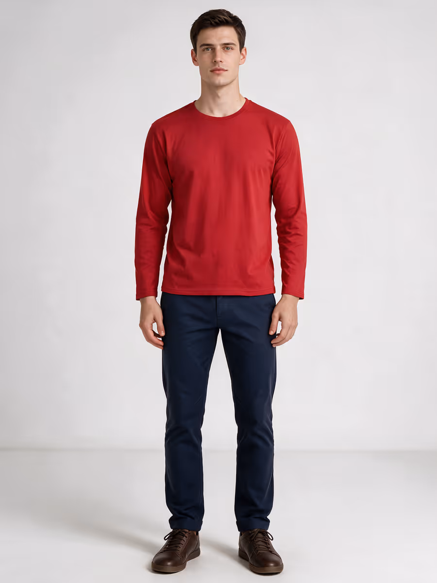 Men's Red Full Sleeve Round Neck Plain T-Shirt