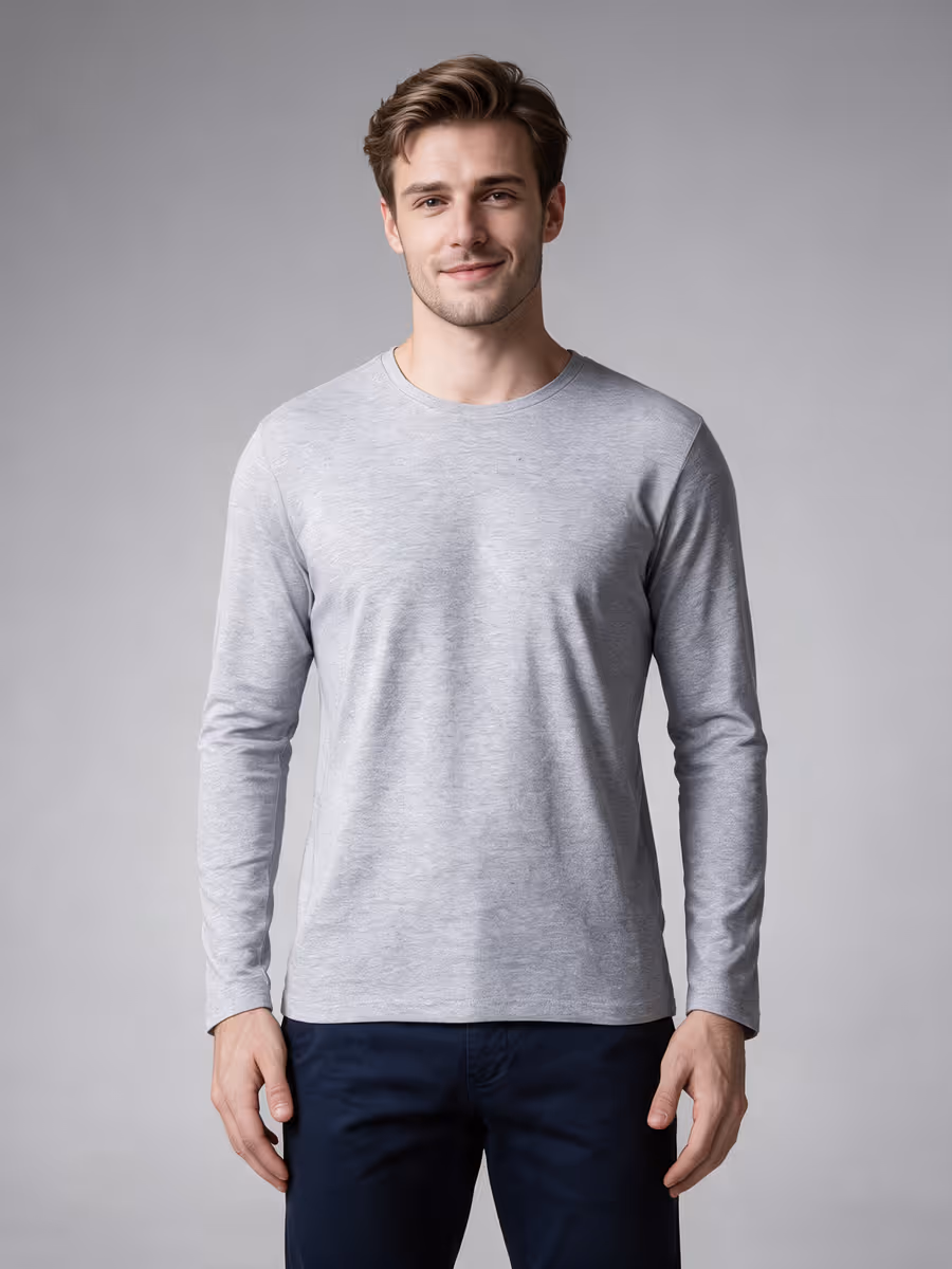 Men's Grey Melange Full Sleeve Round Neck Plain T-Shirt