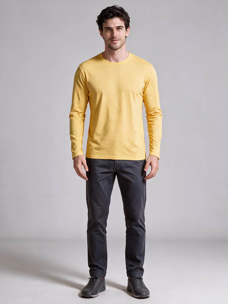 Men's Yellow Full Sleeve Round Neck Plain T-Shirt
