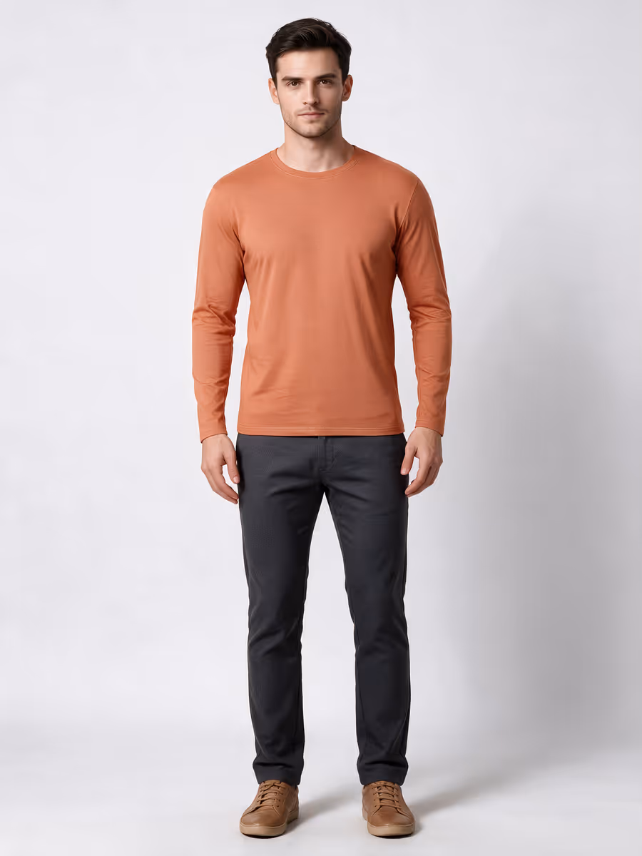 Men's Saffron Full Sleeve Round Neck Plain T-Shirt