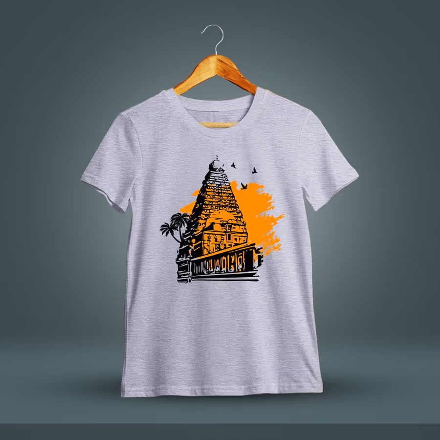 Thanjavur Temple Periya Kovil Grey Melange T-Shirt