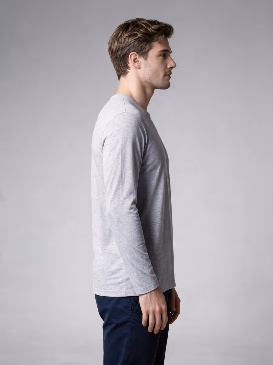 Men's Grey Melange Full Sleeve Round Neck Plain T-Shirt